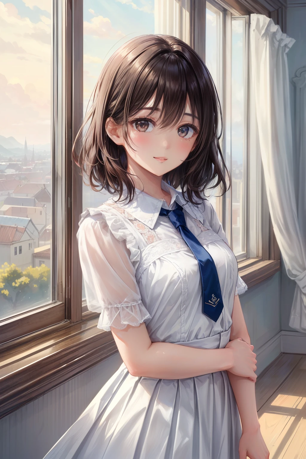 (Highest quality,4K,High resolution,masterpiece:1.2, Beautiful ultra-detail),beautiful girl, Bright windowsill, White wall, (Room with morning sun), beautiful girl, Slender body, White shirt,( collar, tie,Beautiful body), Pleated skirt, Droopy eyes,(Smile, Delicate eyelashes, Open your lips), Beautiful lip detail, Highly detailed eyes and face, (Dark Eyes), Looking into the camera, ((Coquettish, Red cheeks)), (Serene atmosphere),(Medium Hair ),(Calm expression),(Beautiful views),(Peaceful atmosphere),The story begins, I want to say something, Photographed from the front