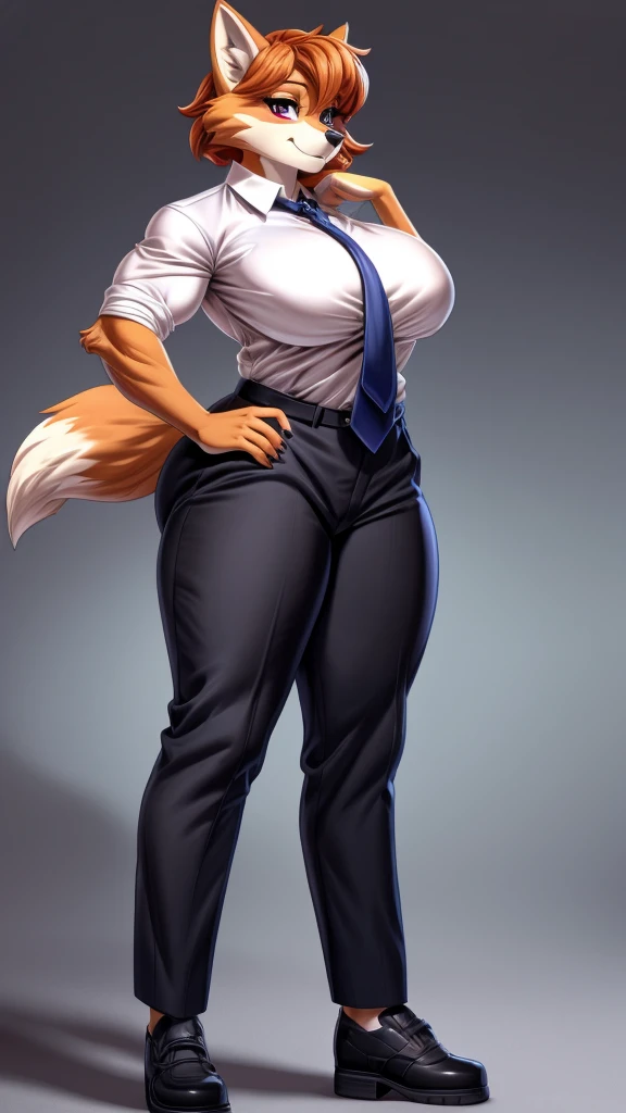 Skye from Paw Patrol, as a female fox, anthro, mature adult, orange fluffy hair, magenta eyes, tall, muscular, big breasts, big butt, thicc thighs, tomboy, massive female, fit, white shirt with black tie, black pants, black shoes, standing, detailed, solo, beautiful, high quality, precise, manhwa style, 4K