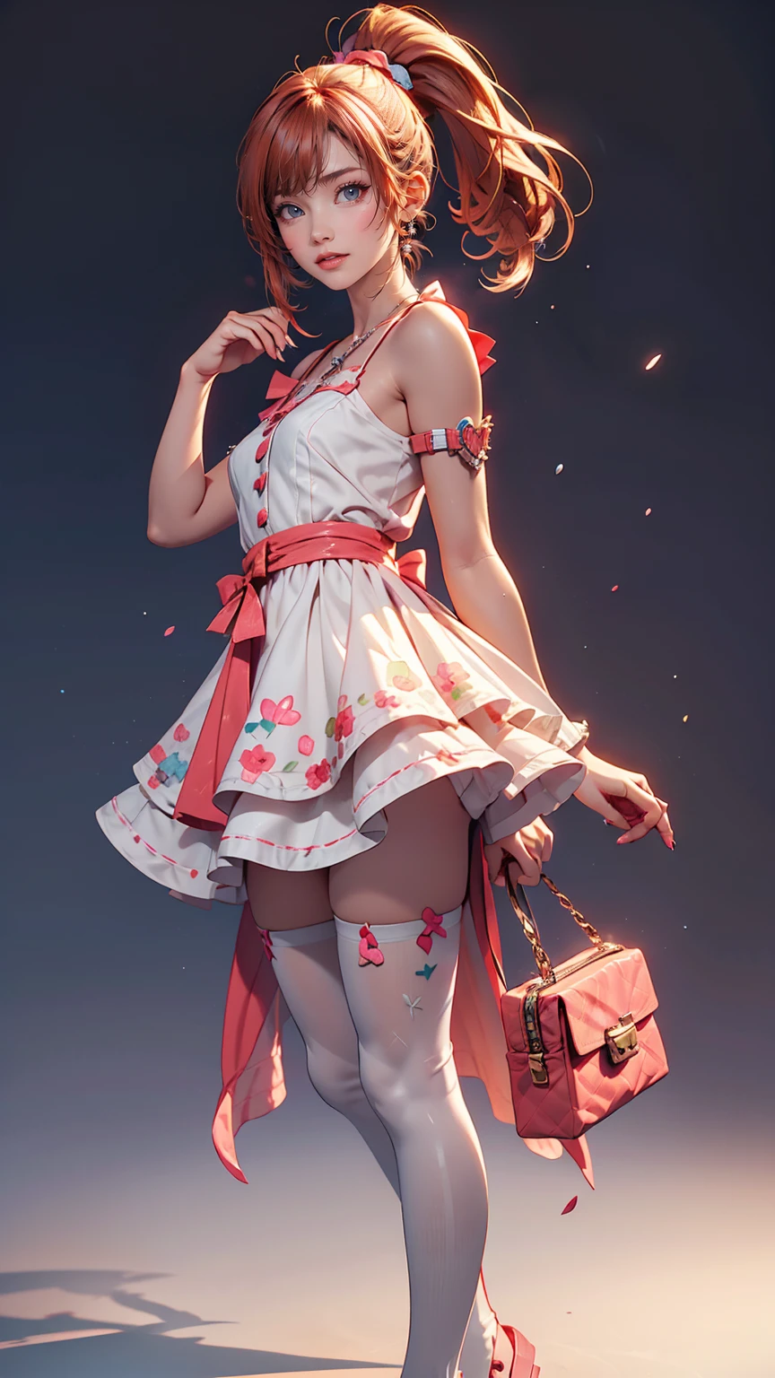 Drawing of a girl in a ponytail and dress, cute 3d rendering, cute detailed digital art, mini cute girl, cute digital painting, 3D rendering style, cute digital art, cute rendering 3d anime girl, Small Curvy , cute! C4D, One character&#39;s whole body, Standing on a white pedestal