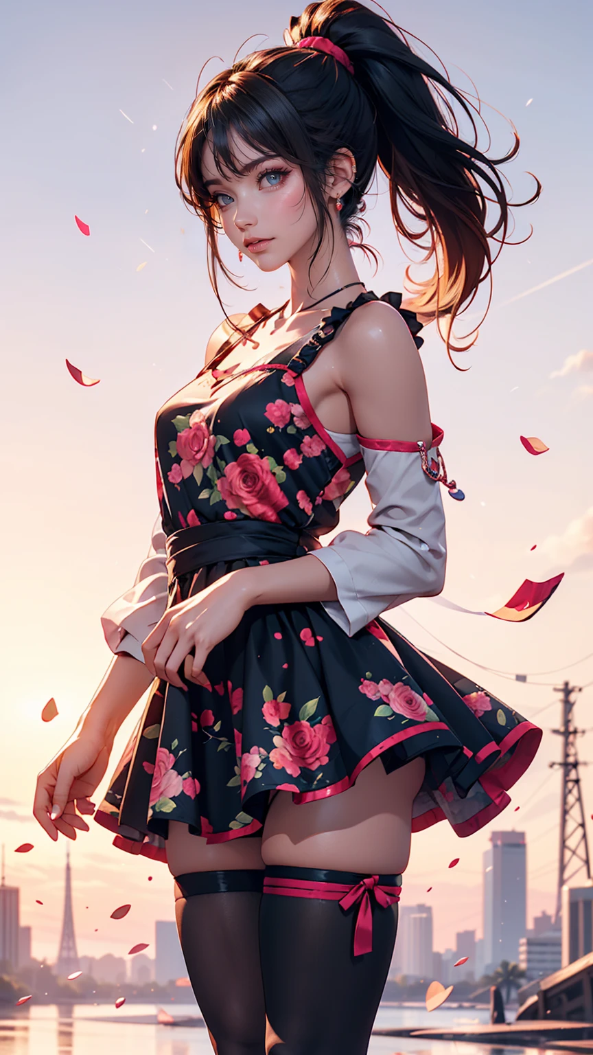 Drawing of a girl in a ponytail and dress, cute 3d rendering, cute detailed digital art, mini cute girl, cute digital painting, 3D rendering style, cute digital art, cute rendering 3d anime girl, Small Curvy , cute! C4D, One character's whole body, Standing on a white pedestal