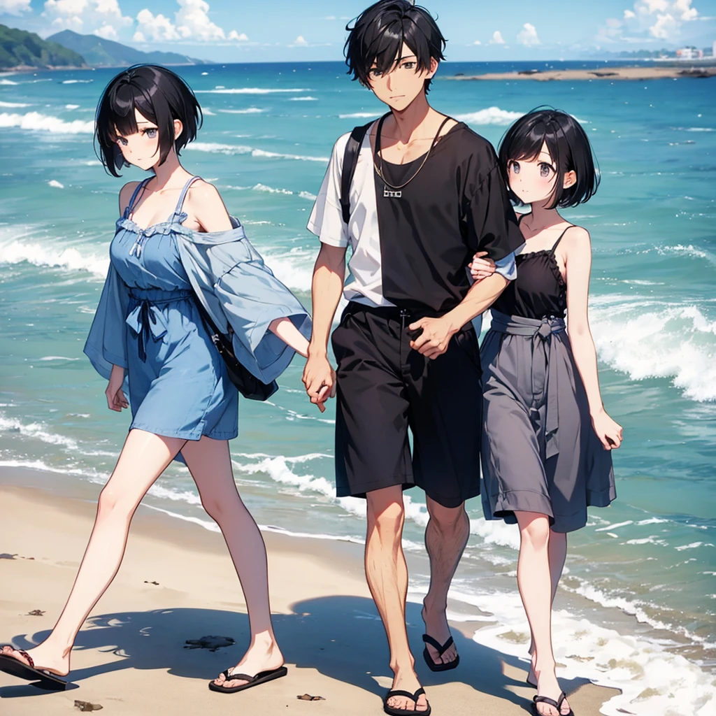 Menhera Couple、Short-haired man with black hair、Woman with short black hair、Wearing matching jinbei、Walking along the coast