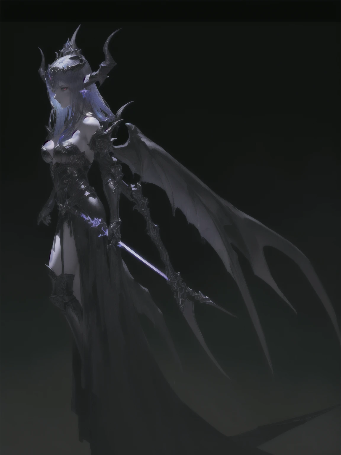 Close up of a female statue holding a sword, Dark Witch Panorama, Super detailed fantasy characters, diablo 4 lilith, The female villain has black angel wings, Final Fantasy 14: Skyward Sword, Dark Elves princess, diablo 4 queen, dark fantasy character design, Demon's Souls concept art, Dark Elves, beautiful Dark Elves countess, Demon Noble Character Design