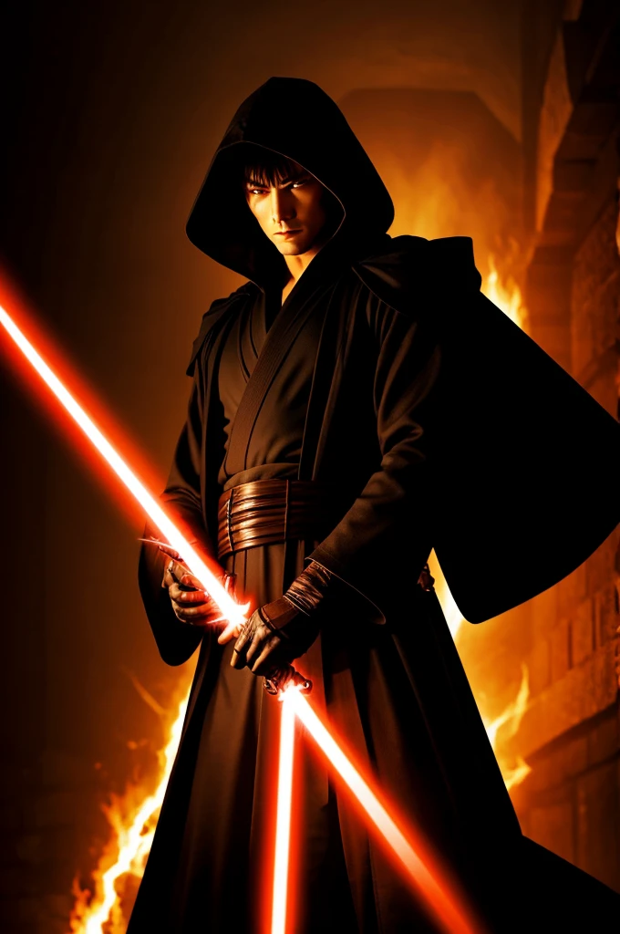 
Suzaku is a tall, lean figure cloaked in a dark robe. From the shadows of his hood, his burning crimson eyes survey the dark room with calculating intensity. Even in the cold, dimly lit space, his very presence radiates power and ferocity. In his hand, his orange lightsaber glows with an intense, unearthly light, its hint of red highlighting his Dark Jedi allegiance and determination.