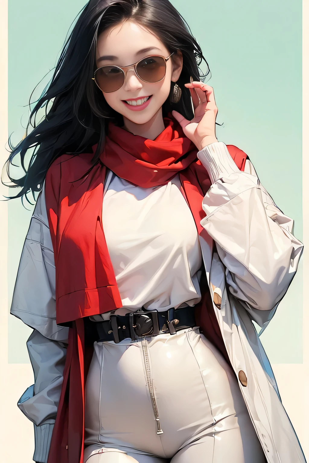 (masterpiece, best quality, 8k wallpaper, high resolution, ultra realistic), 1 woman, 1 girl with sunglasses, 18 years old, woman with long black hair, laughing, smiling, 8k, RAW portrait (Japanese woman), masterpiece, photorealistic: 1.3, realistic, ultra high resolution, highest quality, real life photo, (in the evening: 1.1), ((((1 girl: 1.5))))(cute face: 1.3), perfect proportions, 80s oversized sunglasses,, steampunk, col: white/green, face retouch, labrador, robot suit, chrome skin, savvy, anime cosplay, enhanced cyber, skin color –, slim bodysuit, red scarf, light colored background, two people posing. smiling, looking at you and laughing, grinning,