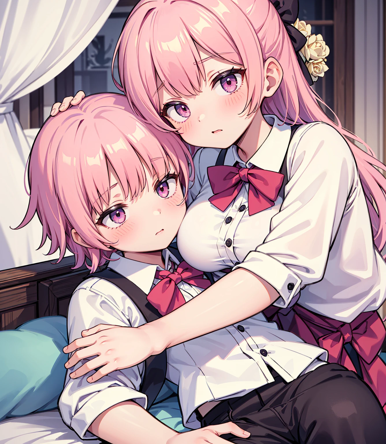masterpiece, Highest quality, so beautiful, absurdists,High resolution,One girl, One boy,Cuddling in bed, like,sexly,Look at each one, blush,Age difference,bow tie,blondes,chest,Long Hair,Pink Hair,Tucked in shirt,short hair,skirt,Tent shirt,Slut,Big breasted sister and brother,Siblings, trousers,Pushing her big tits against her brother,(My brother's small erect penis),((((姉のHUGE breasts,Sister crushes her big tits in her brother's face)))),((((Very HUGE breasts)))),((small penis,NSFW,Soft Very HUGE breasts)),((Bursting Breasts,Hide your face in your chest))