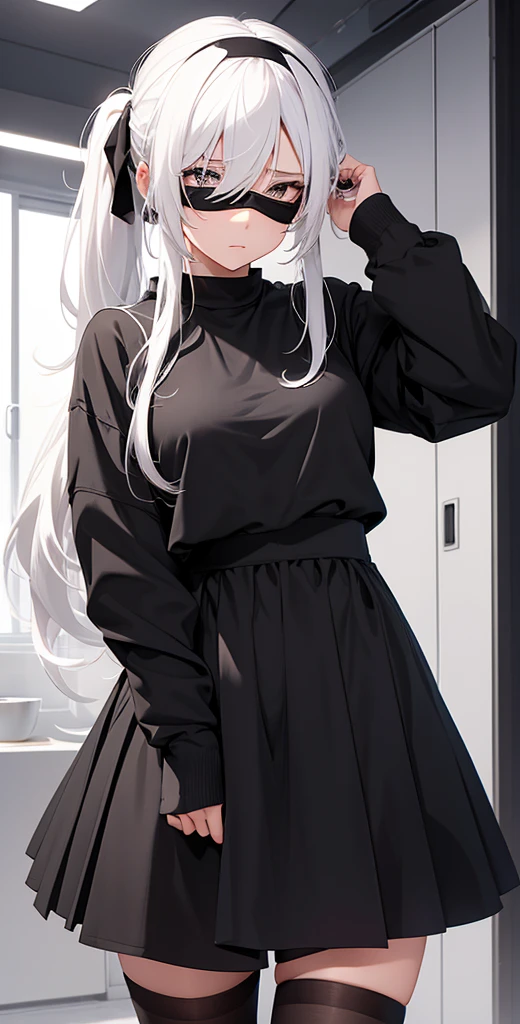 For a girl who has voluminous white hair tied in a ponytail, wears a black blindfold, Wearing black clothes and a sexy black skirt