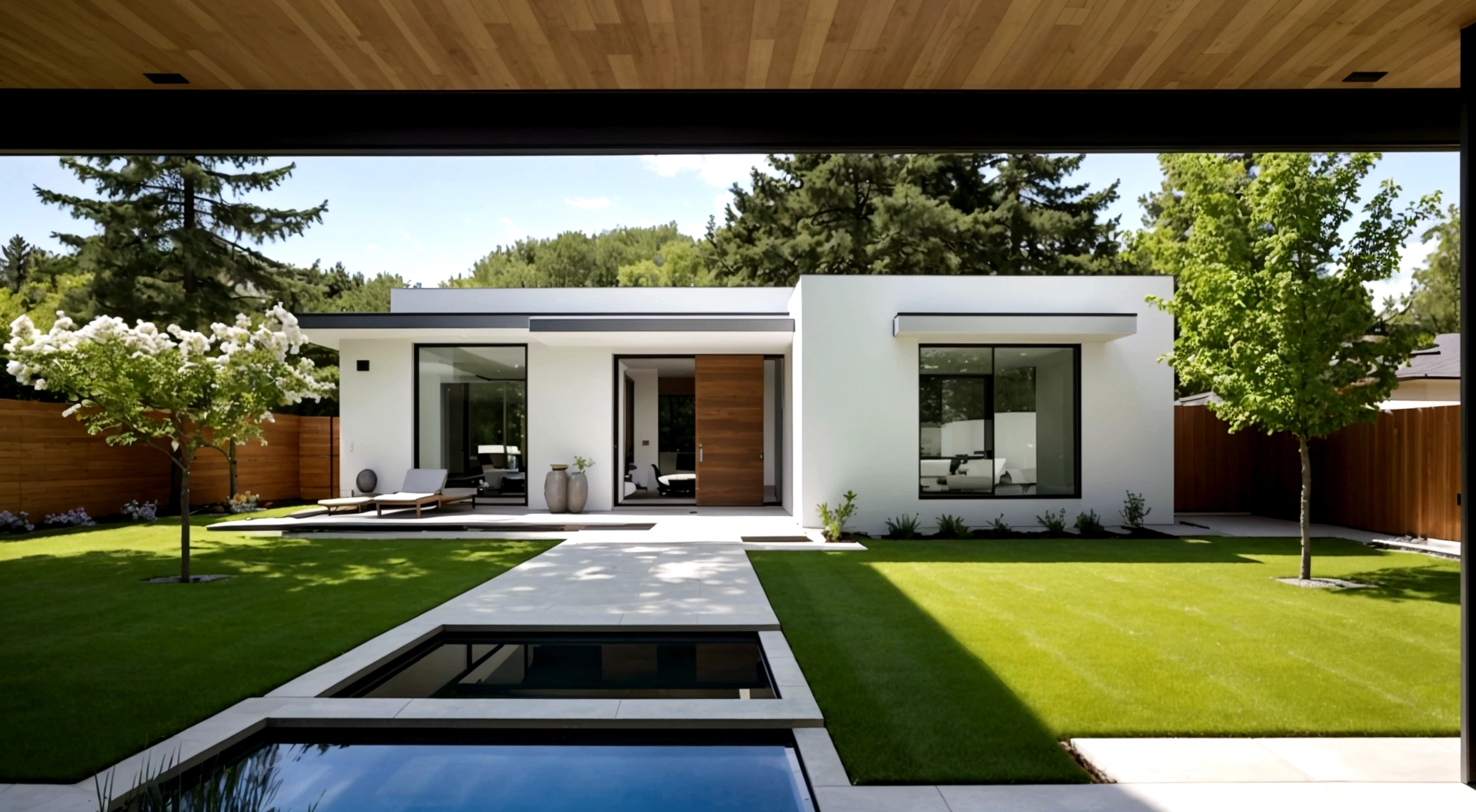 exterior A single-story modern house with a flat roof, featuring white and brown walls with decorative stone elements. The house has large glass doors and windows, wooden ceilings, aluminum lamella, and is surrounded by trees, flowers, and a grassy lawn. The scene is bathed in soft, gentle light at midday. The interior is modern and simple. surreal photo, photorealistic, 8K, ultra high res