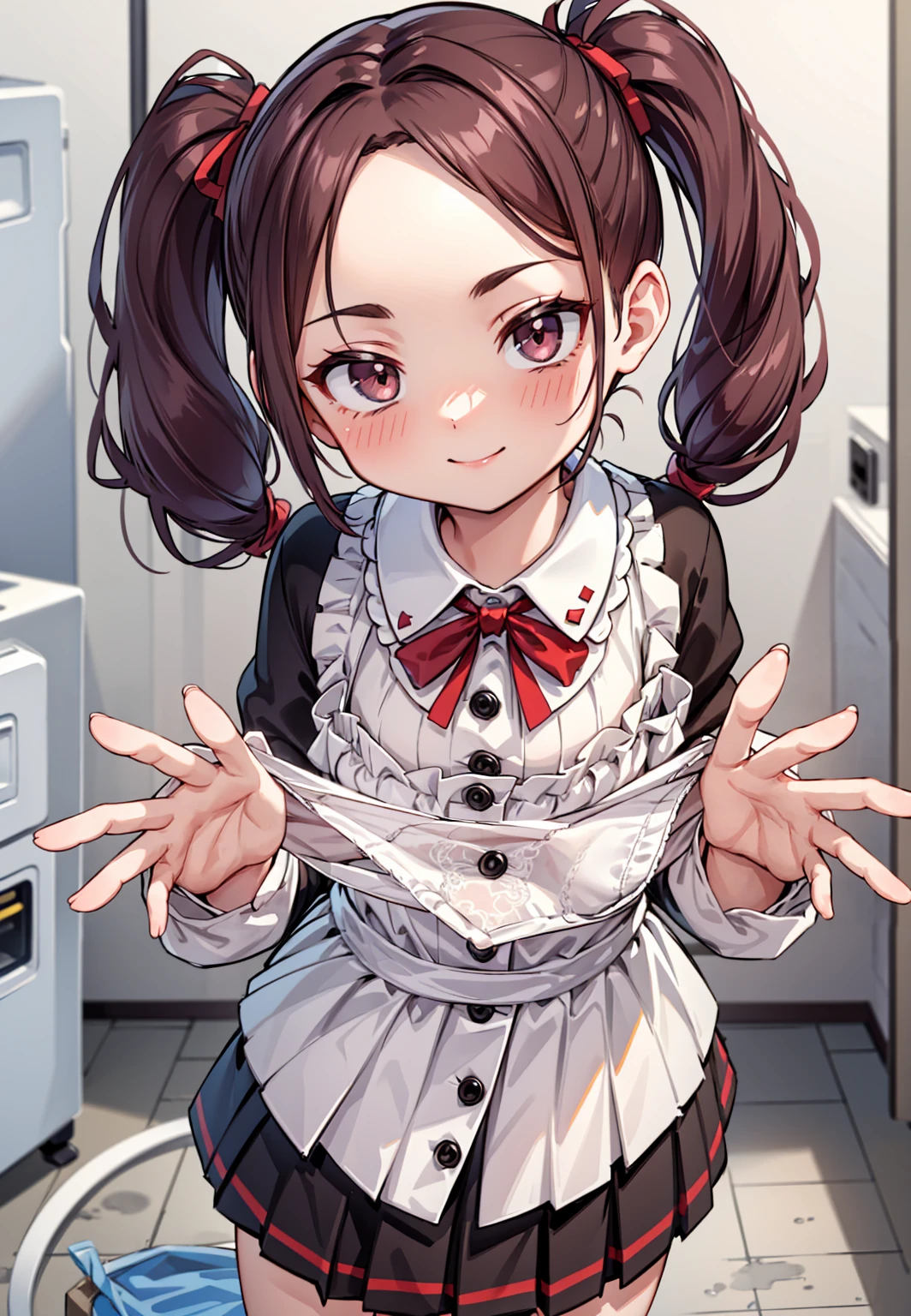 One Girl,
Laundry room,washing machine, Laundry basket, a few underwears are in a , {{{Half Twin Tail:1.3}}}、BREAK,blush, bow, Red Bow, Long sleeve, shirt, Collared shirt,  Pleated skirt, Small breasts,
{{{Face close-up}}},Upper Body,,Check out the lace panties,High quality underwear,
Looking down,View your audience,
Lace panties as a gift,
Tabletop, Highest quality, , absurdes, Perfect Skin, Detailed skin texture, Super detailed, 8K, Intricate details, Beautifully detailed face,High resolution,
 {{{Shadowed face}}}, mock,  smile, Looking down at the viewer, masterpiece,absurdes, Beautiful detailed face seen from the front,