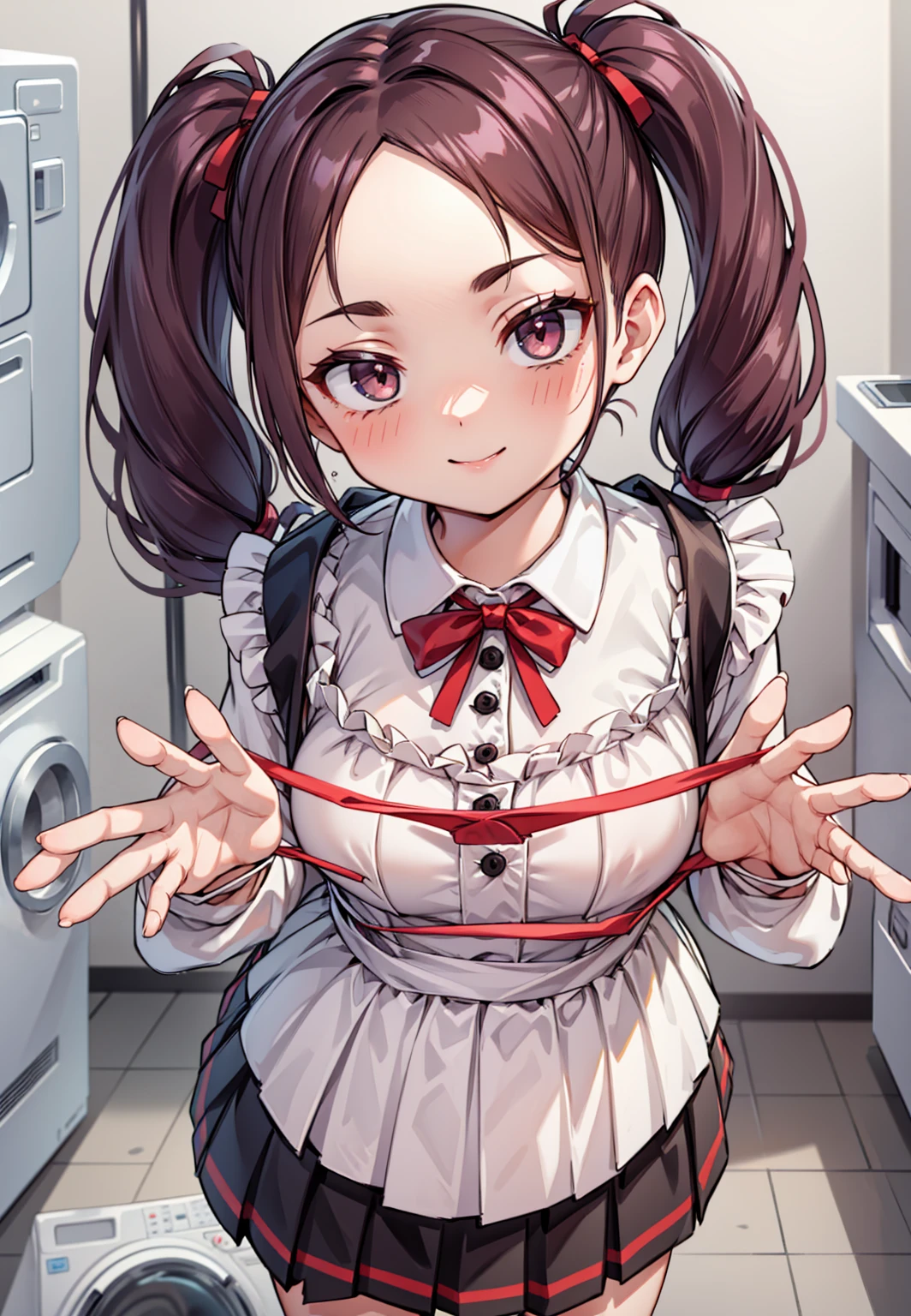 One Girl,
Laundry room,washing machine, Laundry basket, a few underwears are in a , {{{Half Twin Tail:1.3}}}、BREAK,blush, bow, Red Bow, Long sleeve, shirt, Collared shirt, Pleated skirt, Small breasts,
{{{Face close-up}}},Upper Body,,Check out the lace panties,High quality underwear,
Looking down,View your audience,
Lace panties as a gift,
Tabletop, Highest quality, , absurdes, Perfect Skin, Detailed skin texture, Super detailed, 8K, Intricate details, Beautifully detailed face,High resolution,
{{{Shadowed face}}}, mock, smile, Looking down at the viewer, masterpiece,absurdes, Beautiful detailed face seen from the front,