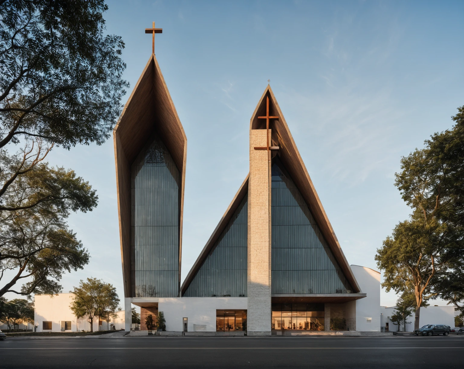 raw photo, best quality, ultra realistic, masterpiece, best quality skin, photography hd, dslr,
tcs, httlvn, modern church, road, people, house, facade design, outdoors, church, white walls, cross on top, arched shape building, 
Dusk, sunshine, 
View from a tree, dof view, 