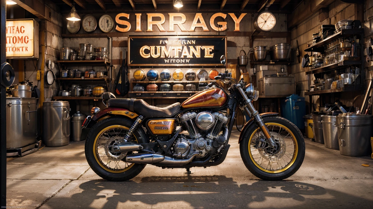 (create an ultra-high definition, hyper-realistic, highly detailed, high-quality image, sharp focus, professional lighting, vivid colors, warm tones and intricate details, representing in detail a american garage decorated background with vintage neon signs, vintage advertising signs, cylinders, tool cabinet, tool rack, bicycle, motorcycle, lively atmosphere and relaxed attitude, meticulously capturing every intricate detail). Fujifilm XT3 sharp focus, professional lighting, vivid colors, intricate details, film grain, Fujifilm XT3 realistic painting art, f5.6, physically-based rendering, natural lighting, cinematic lighting ,dramatic lighting, professional, dynamic movement, colorful lighting, vibrant colors, studio lighting, professional photography, cinematic composition, symmetrical framing, landscape, (best quality,4k,8k,16k,Highest,masterpiece:1.2),(realistic,photorealistic,photo-realistic:1.37), (extremely detailed CG unit, 16k wallpaper), (ultra-high definition, hyper-realistic, highly detailed, high-quality image, sharp focus, professional lighting, vivid colors and intricate details), Utilize state-of-the-art deep learning models and adjust parameters according to quality metrics such as Structural Similarity (SSIM) and Perceptual Loss to create an image that is indistinguishable from a real, high-quality photograph,h, (fine-tuning), (be creative),
