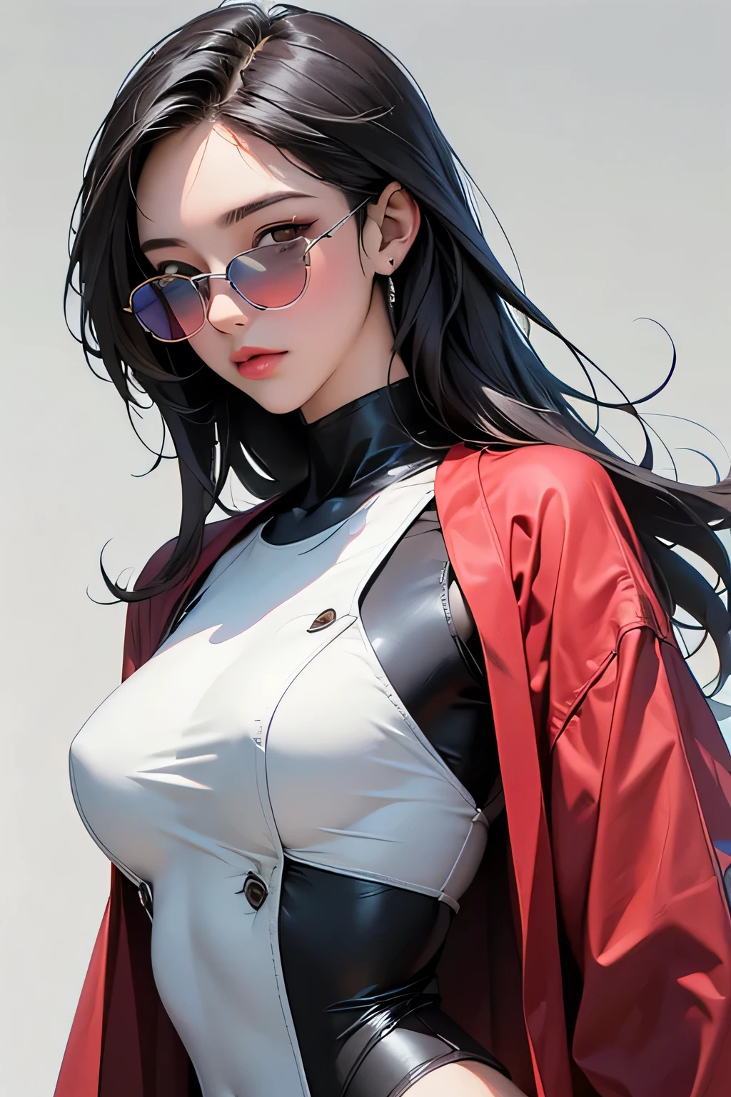 (masterpiece, best quality, 8k wallpaper, high resolution, ultra realistic), 1 woman, 1 girl with sunglasses, 18 years old, black hair (long hair,), 8k, RAW portrait (Japanese woman), masterpiece, photorealistic: 1.3, realistic, ultra high resolution, best quality, real life photo, (in the evening: 1.1), ((((1 girl: 1.5))))(cute face: 1.3), perfect proportions, 80s oversized sunglasses, long hair, steampunk, Col: white/green, face retouch, labrador, robot suit, chrome skin, savvy, anime cosplay, cyber enhanced, skin color – silver, slim bodysuit, red scarf, light colored background, two people posing.