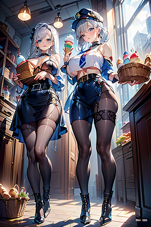 (perky chest:1.2), (pointed chest:1.2),(icecream magazine cover:1.3),(from below:1.2),(shoot from the side:1.1),(((Black Tunic:1.3))),(((cakes and bread in the basket),a 23yo Cute and beautiful girl,masterpiece、highest quality、Very detailed、Beautiful fine details、Detailed landscape、Braided Ponytail、Red camisole、((B cup breasts, Tank top showing underboob:1.0)), thigh strap, bangs, necktie, earrings, nail polish, fishnet pantyhose, silver hair, looking at viewer, full body, bottle, own hands together, belt, food, ring, choker, english text paper:1.2, collared shirt, blue eyes, hat,lace-up boots , 