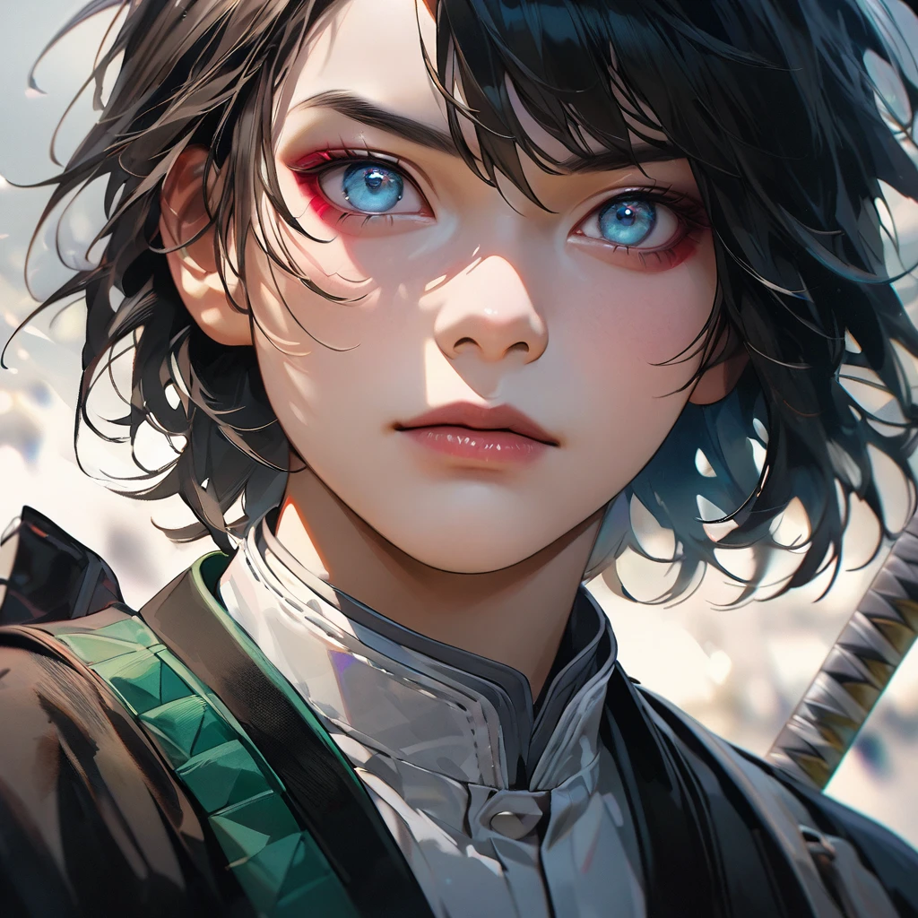 Demon Slayer, a 19-year-old boy with features similar to Yoriichi Tsugikuni, emerald blue eyes, hyperrealism, highly detailed, full-body portrait, anime, manga, Koyoharu Gotouge, realistic, close-up, highly detailed, UHD, character art, vibrant colors:: --ar 4:5 --niji --style raw