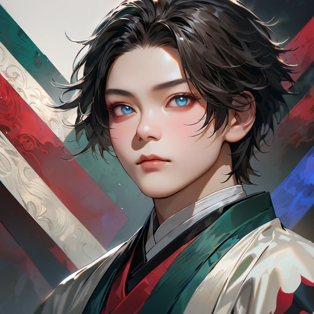 Demon Slayer, a 19-year-old boy with features similar to Yoriichi Tsugikuni, emerald blue eyes, hyperrealism, highly detailed, full-body portrait, anime, manga, Koyoharu Gotouge, realistic, close-up, highly detailed, UHD, character art, vibrant colors:: --ar 4:5 --niji --style raw