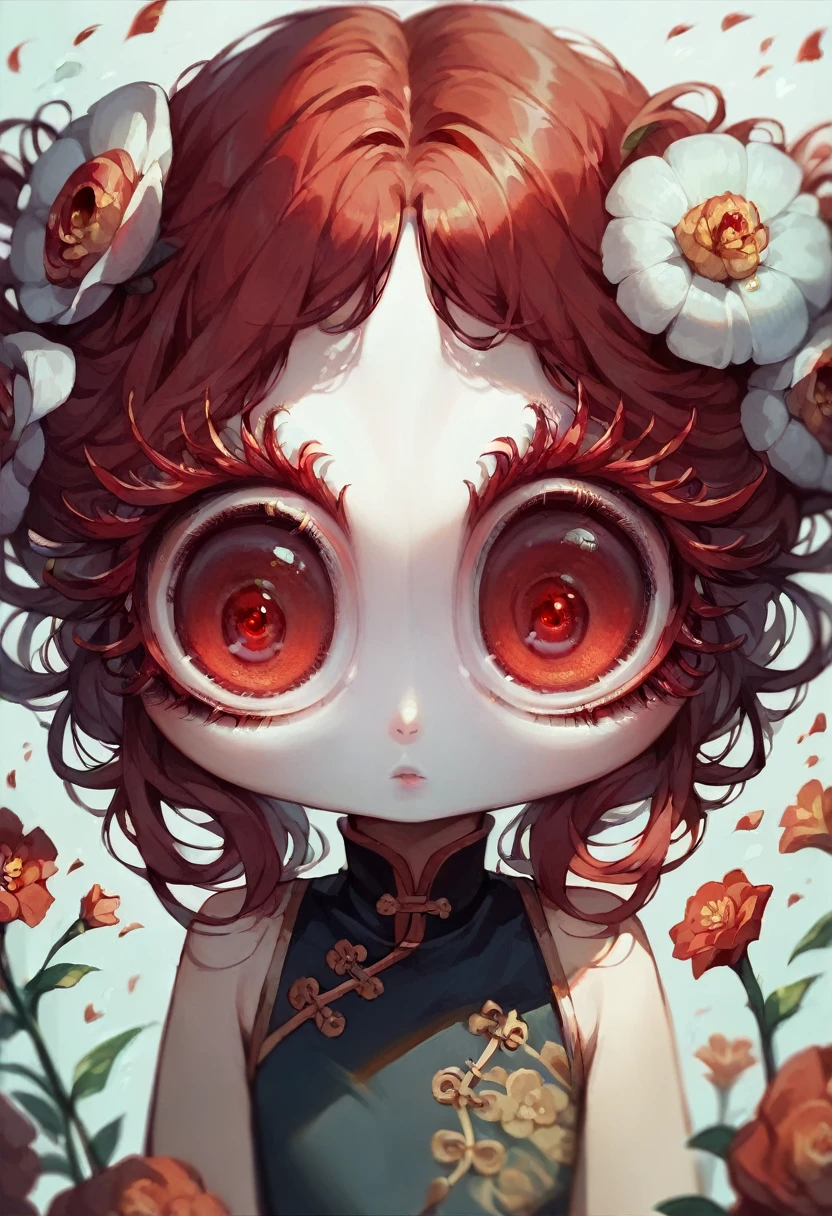 (Mastepiece), (Best Quality), Very detailed, 1 girl, Solo Shooting, Perfect Face, Beautiful Face, Very detailed顔,(Black and wred hair:1.3),(Big eyes:1.4),(Long eyelashes:1.4)、(red eyes:1.3)、Lots of flowers,china dress