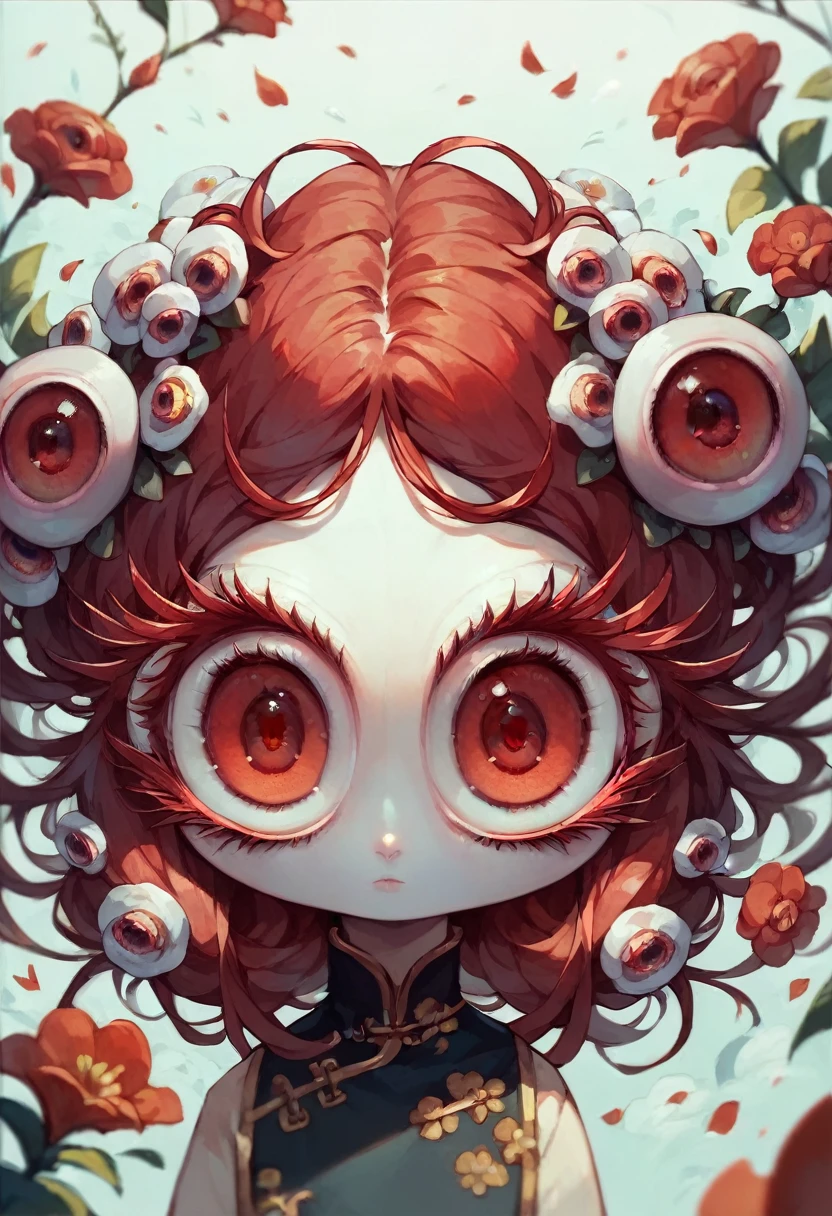 (Mastepiece), (Best Quality), Very detailed, 1 girl, Solo Shooting, Perfect Face, Beautiful Face, Very detailed顔,(Black and wred hair:1.3),(Big eyes:1.4),(Long eyelashes:1.4)、(red eyes:1.3)、Lots of flowers,china dress