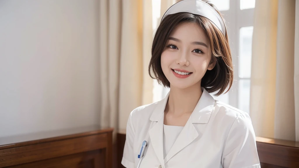((best quality)), ((masterpiece)), (detailed),A woman,Wearing a crisp white nurse's uniform,With a warm smile on his face