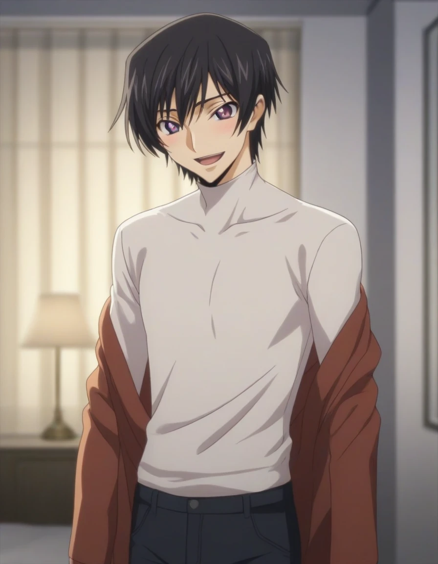 score_9, score_8_up, score_7_up, source_anime, rating_safe, intricate details, anime screencap, , , looking at viewer, depth of field, 1boy, solo, male focus, lelouch_lamperouge, black hair, purple eyes, bangs, smile, open mouth, blush, cute, black underpants, bedroom, night.