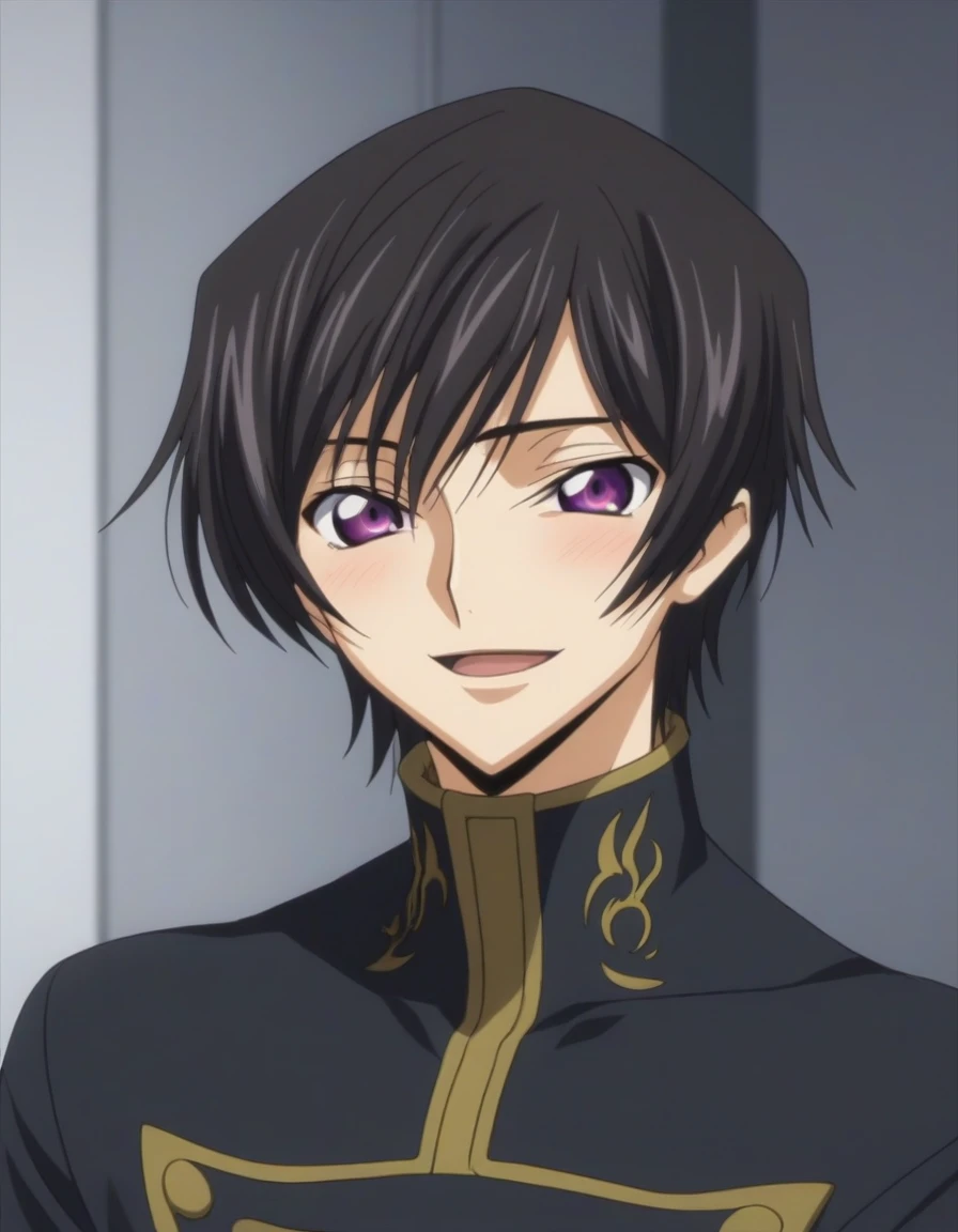 score_9, score_8_up, score_7_up, source_anime, rating_safe, intricate details, anime screencap, , , looking at viewer, depth of field, 1boy, solo, male focus, lelouch_lamperouge, black hair, purple eyes, bangs, smile, open mouth, blush, cute, black underpants, bedroom, night.