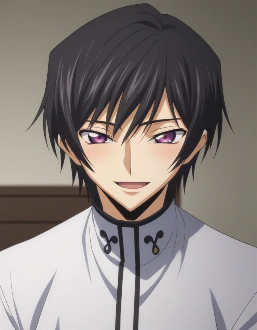 score_9, score_8_up, score_7_up, source_anime, rating_safe, intricate details, anime screencap, , , looking at viewer, depth of field, 1boy, solo, male focus, lelouch_lamperouge, black hair, purple eyes, bangs, smile, open mouth, blush, cute, black underpants, bedroom, night.