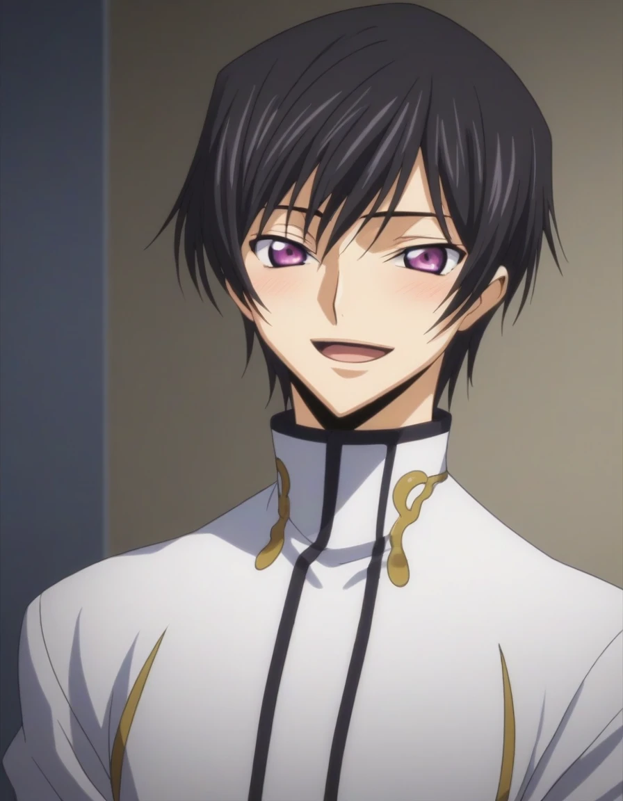 score_9, score_8_up, score_7_up, source_anime, rating_safe, intricate details, anime screencap, , , looking at viewer, depth of field, 1boy, solo, male focus, lelouch_lamperouge, black hair, purple eyes, bangs, smile, open mouth, blush, cute, black underpants, bedroom, night.