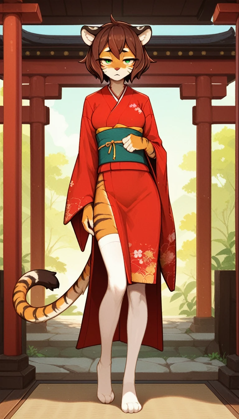 Half-closed eyes, tired expression, 1girl, anthro, furry, fur, fluffy fur, tiger girl, japanese temple background, brown hair, green eyes, short hair, full body, (19 years), medium breast, thighs, solo, (japanese temple), half-closed eyes, standing, detailed, red kimono, white stockings, looking at the viewer, score_9, score_8_up, score_7_up, score_6_up, score_5_up, score_4_up