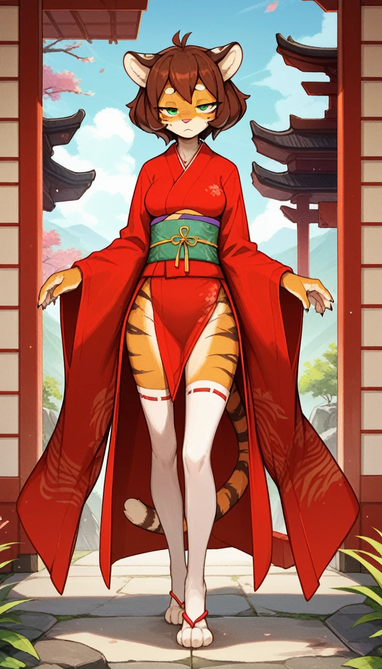 Half-closed eyes, tired expression, 1girl, anthro, furry, fur, fluffy fur, tiger girl, japanese temple background, brown hair, green eyes, short hair, full body, (19 years), medium breast, thighs, solo, (japanese temple), half-closed eyes, standing, detailed, red kimono, white stockings, looking at the viewer, score_9, score_8_up, score_7_up, score_6_up, score_5_up, score_4_up