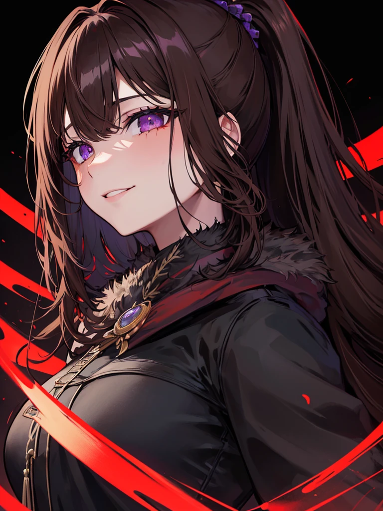 ((masterpiece)), ((best quality)), 1girl, adult, long hair, big bust, ((brown hair)), ((intimidant look)), ((close-up)), profile image, black and red clothes, sexy, dark colors, ((coat with fur)), ((wavy hair)), exposed skin, ((sexy pose)), good anatomy, ((dark sage clothes)), ((straight cut bangs)), emotionless, intimidant, ((beautiful eyes)), dark background, close up, ((detailed eyes)), ((detailed face)), hair bang, frontal look, relaxed, smile, queen, ponytail, violet eyes