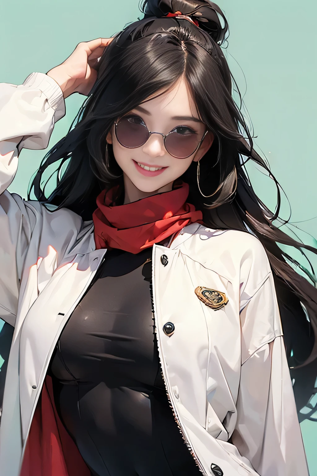 (masterpiece, best quality, 8k wallpaper, high resolution, ultra realistic), 1 woman, 1 girl with sunglasses, 18 years old, woman with long black hair, laughing, smiling, 8k, RAW portrait (Japanese woman), masterpiece, photorealistic: 1.3, realistic, ultra high resolution, highest quality, real life photo, (in the evening: 1.1), ((((1 girl: 1.5))))(cute face: 1.3), perfect proportions, 80s oversized sunglasses,, steampunk, col: white/green, face retouch, labrador, robot suit, chrome skin, savvy, anime cosplay, enhanced cyber, skin color –, slim bodysuit, red scarf, light colored background, two people posing. smiling, looking at you and laughing, grinning,