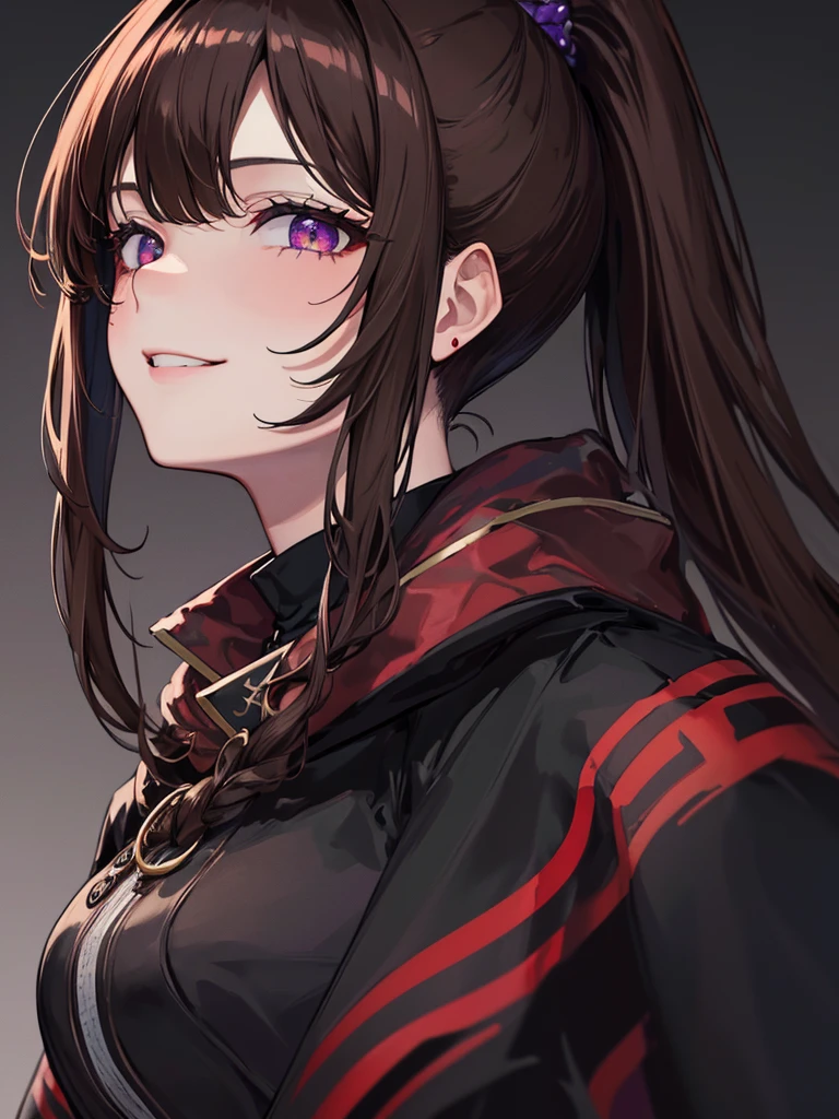 ((masterpiece)), ((best quality)), 1girl, adult, long hair, big bust, ((brown hair)), ((intimidant look)), ((close-up)), profile image, black and red clothes, sexy, dark colors, ((coat with fur)), ((wavy hair)), exposed skin, ((sexy pose)), good anatomy, ((dark sage clothes)), ((straight cut bangs)), emotionless, intimidant, ((beautiful eyes)), dark background, close up, ((detailed eyes)), ((detailed face)), hair bang, frontal look, relaxed, smile, queen, ponytail, violet eyes