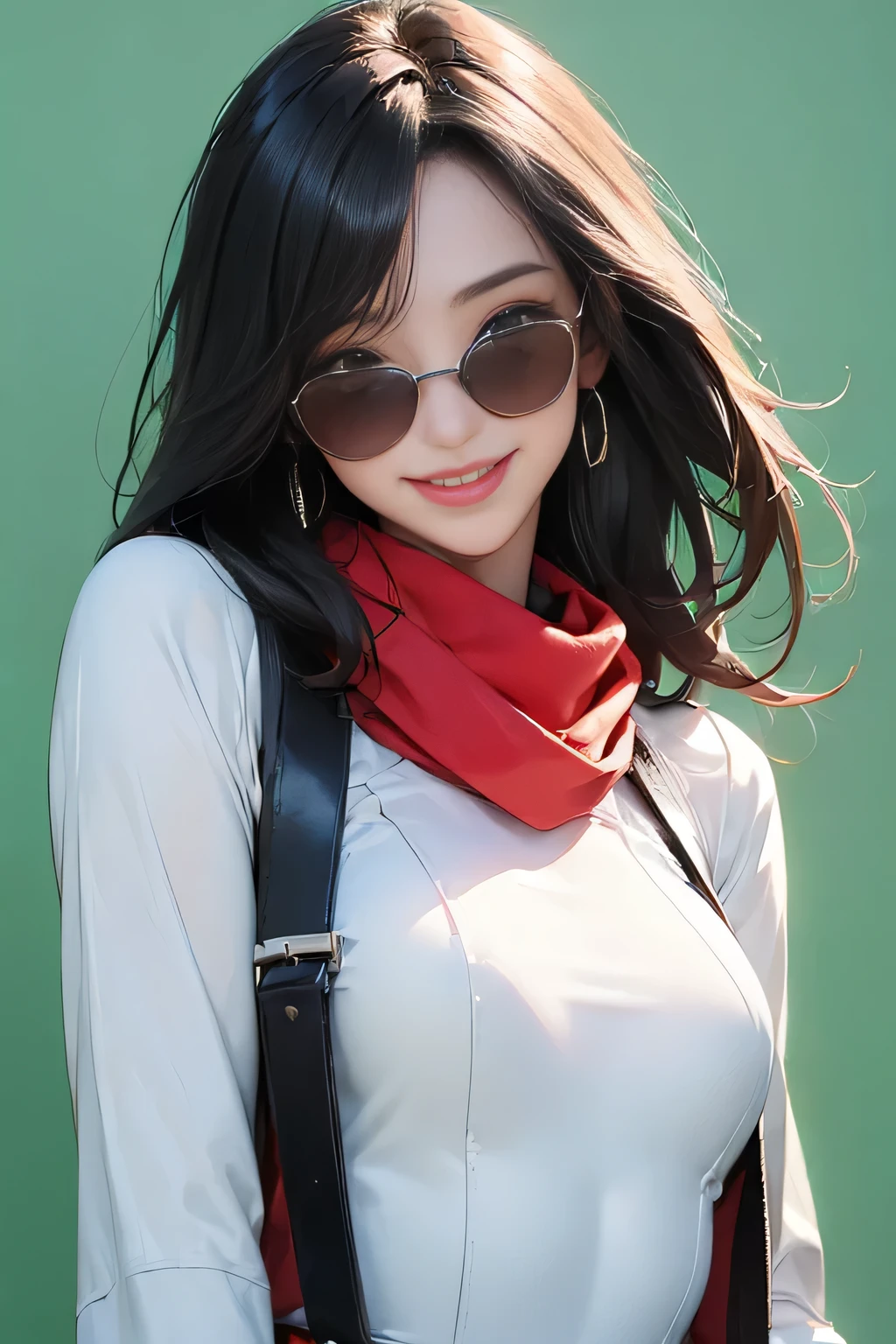 (masterpiece, best quality, 8k wallpaper, high resolution, ultra-realistic) One woman, Japanese girl, 18 years old, bob cut, smiling, sunglasses, long red scarf around neck, (masterpiece: 1.2, best quality), (realistic, photorealistic: 1.4), (masterpiece, best quality), staring at you, navy blue school swimsuit, cleavage, D cup, sexy pose, dynamic angle, full body, best proportions, white skin, black hair, looking forward, smiling, 1970s sunglasses, background is bright, smiling