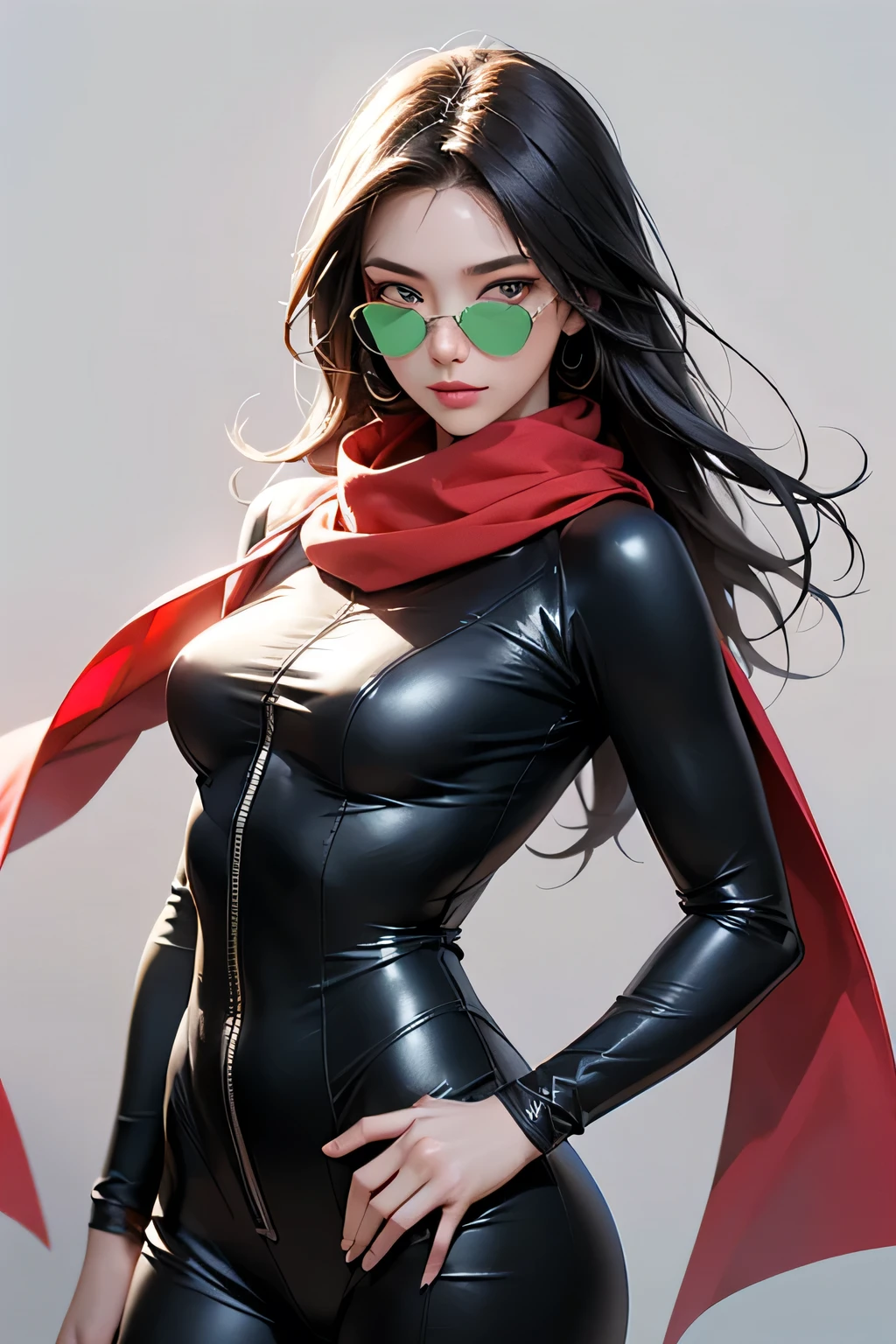(masterpiece, best quality, 8k wallpaper, high resolution, ultra realistic), 1 woman, 1 girl with sunglasses, 18 years old, black hair (long hair,), 8k, RAW portrait (Japanese woman), masterpiece, photorealistic: 1.3, realistic, ultra high resolution, best quality, real life photo, (in the evening: 1.1), ((((1 girl: 1.5))))(cute face: 1.3), perfect proportions, 80s oversized sunglasses, long hair, steampunk, Col: white/green, face retouch, labrador, robot suit, chrome skin, savvy, anime cosplay, cyber enhanced, skin color – silver, slim bodysuit, red scarf, light colored background, two people posing.