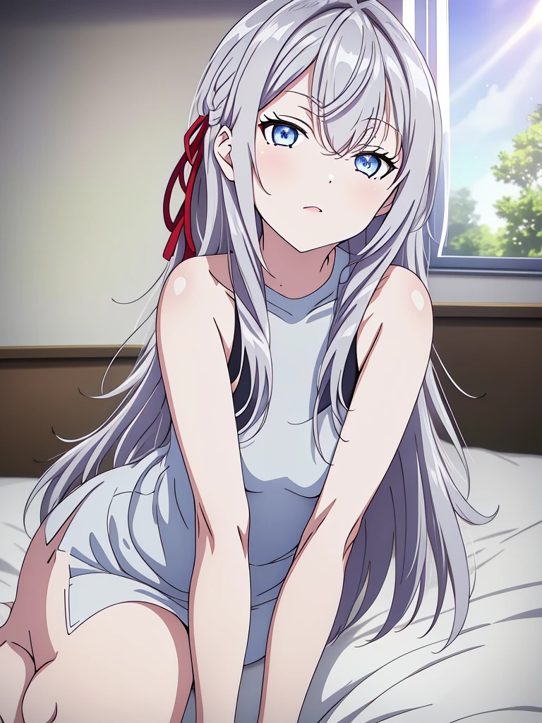 laying on the bed spreading leg, Alya, 1girl, solo,shine light blue-,perfect light blue eyes, shine White skin ,shine White skin,shine skin, medium long hair, looking at viewer, red ribbon in the hair, gray-lilac hair, silver-licac hair, gray light lilcac hair, silver-lilac light gradient