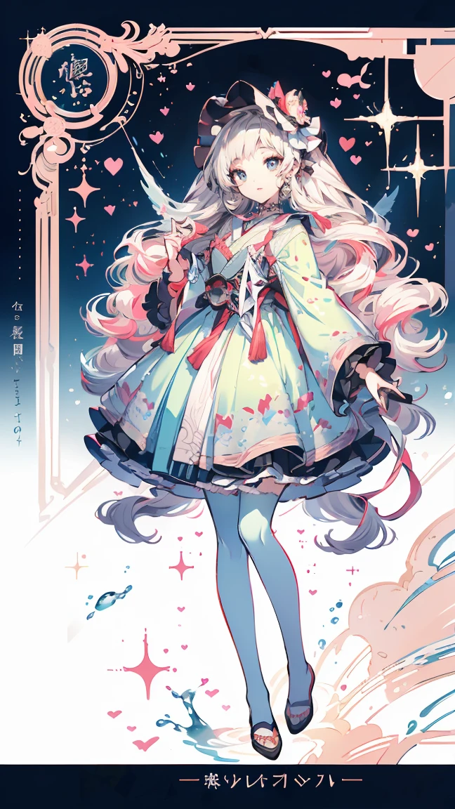 ((full body: 2)),((tachi-e:2.0)), ((character chart:1.5)),((UHD, masterpiece, super detail, best quality, highres, 8k)), (detailed line art), perfect face, Human, ca. 20 yrs, (1 female), (light pink hair:1.0, fluffy hair;1.0, long hair:1.0, half up:1. 5 ), (image of Pisces, sea, water surface), (light blue and light purple eyes:1.0, (( gradation eyes:1.5)), round eyes, droopy eyes, droopy eyebrows), ((Sweet ta style outfit:1.5), light blue Loliress:1.5 water surface pattern drapes and ruffles:1.0, silver and jeweled ornaments and accessories:1.5), nautical cross-strap pinwheels), smiling