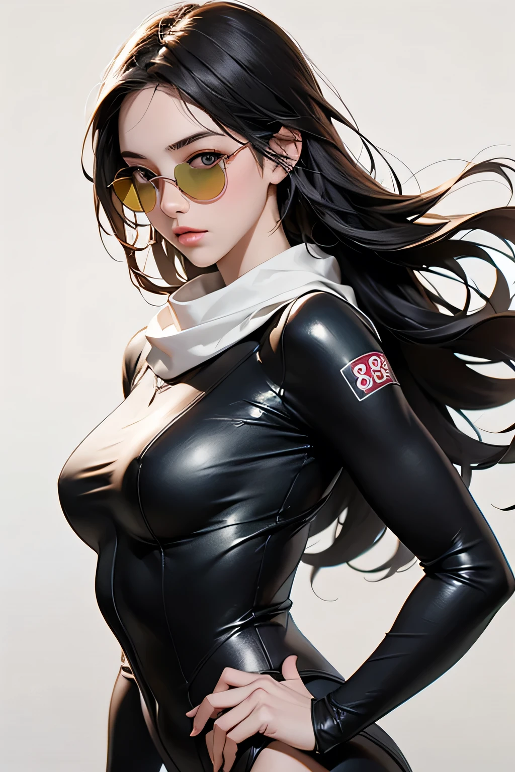 (masterpiece, best quality, 8k wallpaper, high resolution, ultra realistic), 1 woman, 1 girl with sunglasses, 18 years old, black hair (long hair,), 8k, RAW portrait (Japanese woman), masterpiece, photorealistic: 1.3, realistic, ultra high resolution, best quality, real life photo, (in the evening: 1.1), ((((1 girl: 1.5))))(cute face: 1.3), perfect proportions, 80s oversized sunglasses, long hair, steampunk, Col: white/green, face retouch, labrador, robot suit, chrome skin, savvy, anime cosplay, cyber enhanced, skin color – silver, slim bodysuit, red scarf, light colored background, two people posing.