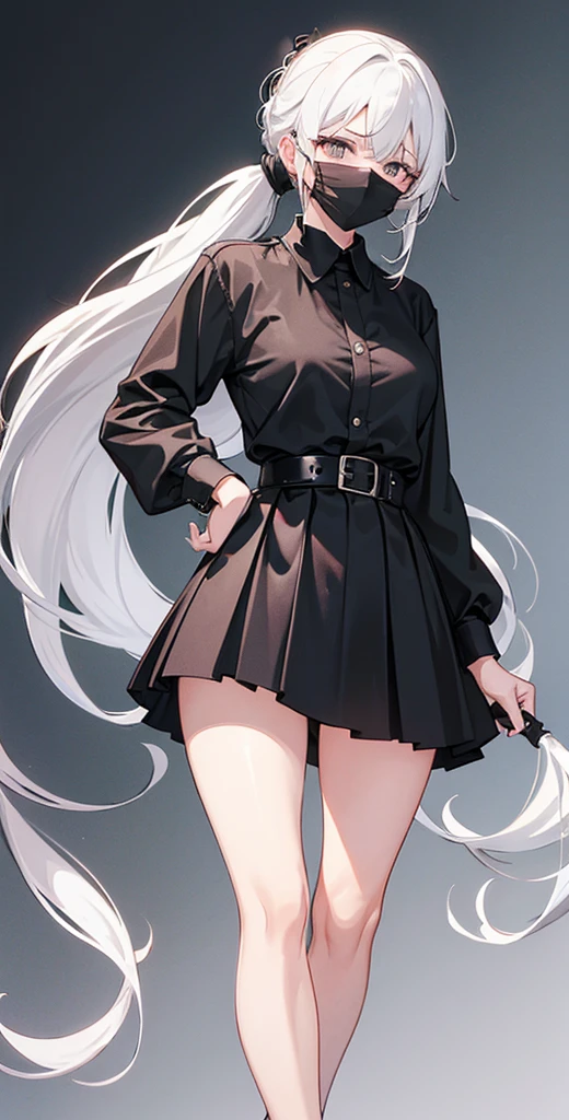 For a girl who has voluminous white hair tied in a ponytail, wears a black blindfold, Wearing black clothes and a sexy black skirt
