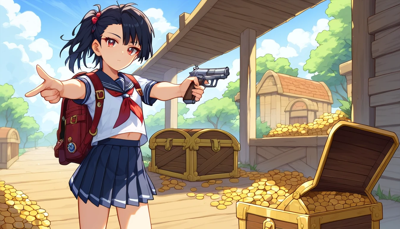 ((1girls:1.3)), ((solo:1.3)), ((school uniform:1.3)), ((galleon deck:1.3)), ((cuckoo:1.3)), ((flintlock pistol:1.3)), ((pointing gun:1.3)), ((gunshot:1.3)), ((expressionless:1.3)), ((backpack:1.3)), ((moe style:1.3)), ((standing:1.3)), ((red eyes:1.3)), ((treasure chest:1.3)), ((small girl:1.3)), ((flat chest:1.3)), ((black hair:1.3)), ((perfect face)), ((extremely cute:1.3)), ((masterpiece:1.3)), ((8k)), ((best quality:1.3)), ((beautiful)), ((extremely detailed:1.3)) , ((absurdres)), AddXL, ((score_9:1.3)), ((score_8_up:1.3)), ((score_7_up:1.3)), Expressiveh
