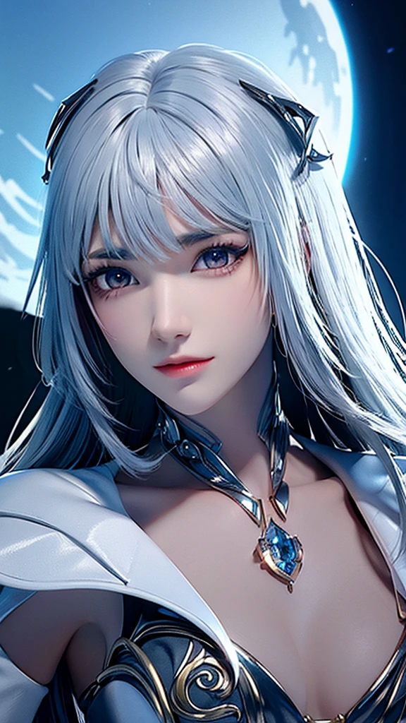 masterpiece, best quality, (alone focus), (perfect face:1.1), (high detail:1.1), (Ultra-detailed eyes), Dramatic, 1 person, (pale skin), long white hair, ethereal eyes, (Light eyebrows), alone, long hair, Thiago Azevedo, moon, night, White luxury suit, Pouting, Fur, A proud expression,beach, Detailed Background, artgerm art, movie lighting, Rose, Fashion, Balenciaga style