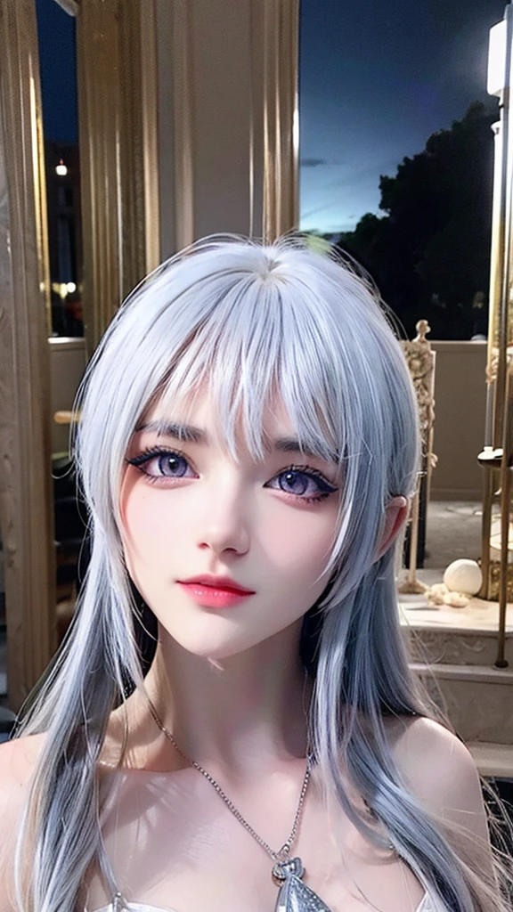 masterpiece, best quality, (alone focus), (perfect face:1.1), (high detail:1.1), (Ultra-detailed eyes), Dramatic, 1 person, (pale skin), long white hair, ethereal eyes, (Light eyebrows), alone, long hair, Thiago Azevedo, moon, night, White luxury suit, Pouting, Fur, A proud expression,beach, Detailed Background, artgerm art, movie lighting, Rose, Fashion, Balenciaga style