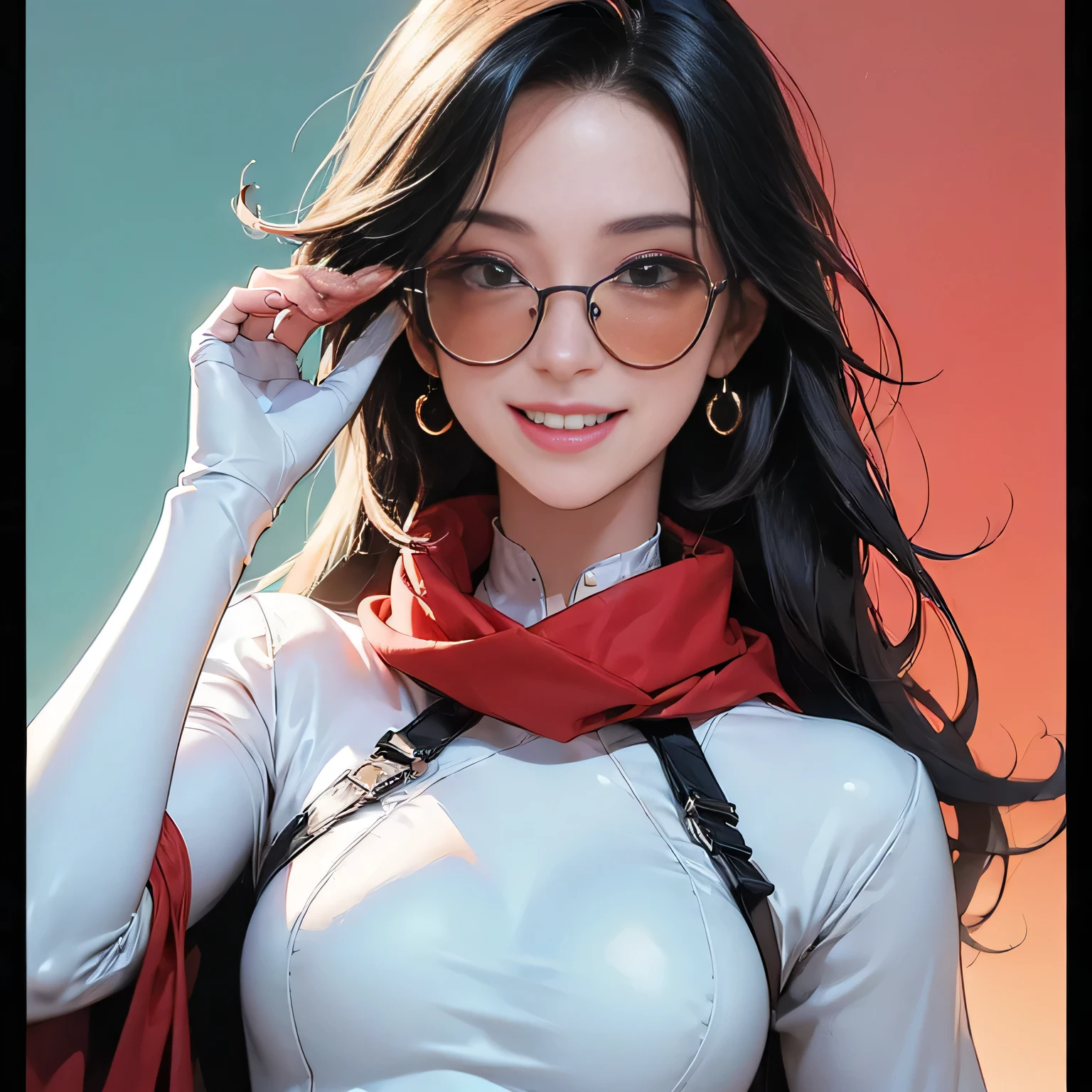 (masterpiece, best quality, 8k wallpaper, high resolution, ultra realistic), 1 woman, 1 girl with sunglasses, 18 years old, black hair (long hair,), 8k, RAW portrait (Japanese woman), masterpiece, photorealistic: 1.3, realistic, ultra high resolution, best quality, real life photo, (in the evening: 1.1), ((((1 girl: 1.5))))(cute face: 1.3), perfect proportions, 80s oversized sunglasses, long hair, steampunk, Col: white/green, face retouch, labrador, robot suit, chrome skin, savvy, anime cosplay, cyber enhanced, skin color – silver, slim bodysuit, red scarf, light colored background, two people posing.