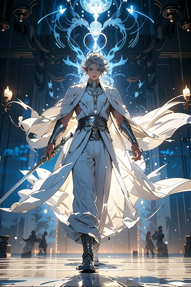Elegant man, strong physique, white robe, white colored Arabian pants, light blue noble blouse, white boots, messy light blue hair, look of satisfaction, short hair, dark blue colored eyes, noble appearance, holding a silver spear, ancient castle, medieval setting.