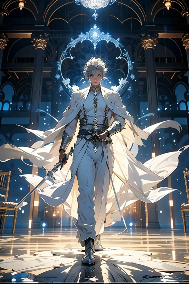 Elegant man, strong physique, white robe, white colored Arabian pants, light blue noble blouse, white boots, messy light blue hair, look of satisfaction, short hair, dark blue colored eyes, noble appearance, holding a silver spear, ancient castle, medieval setting.
