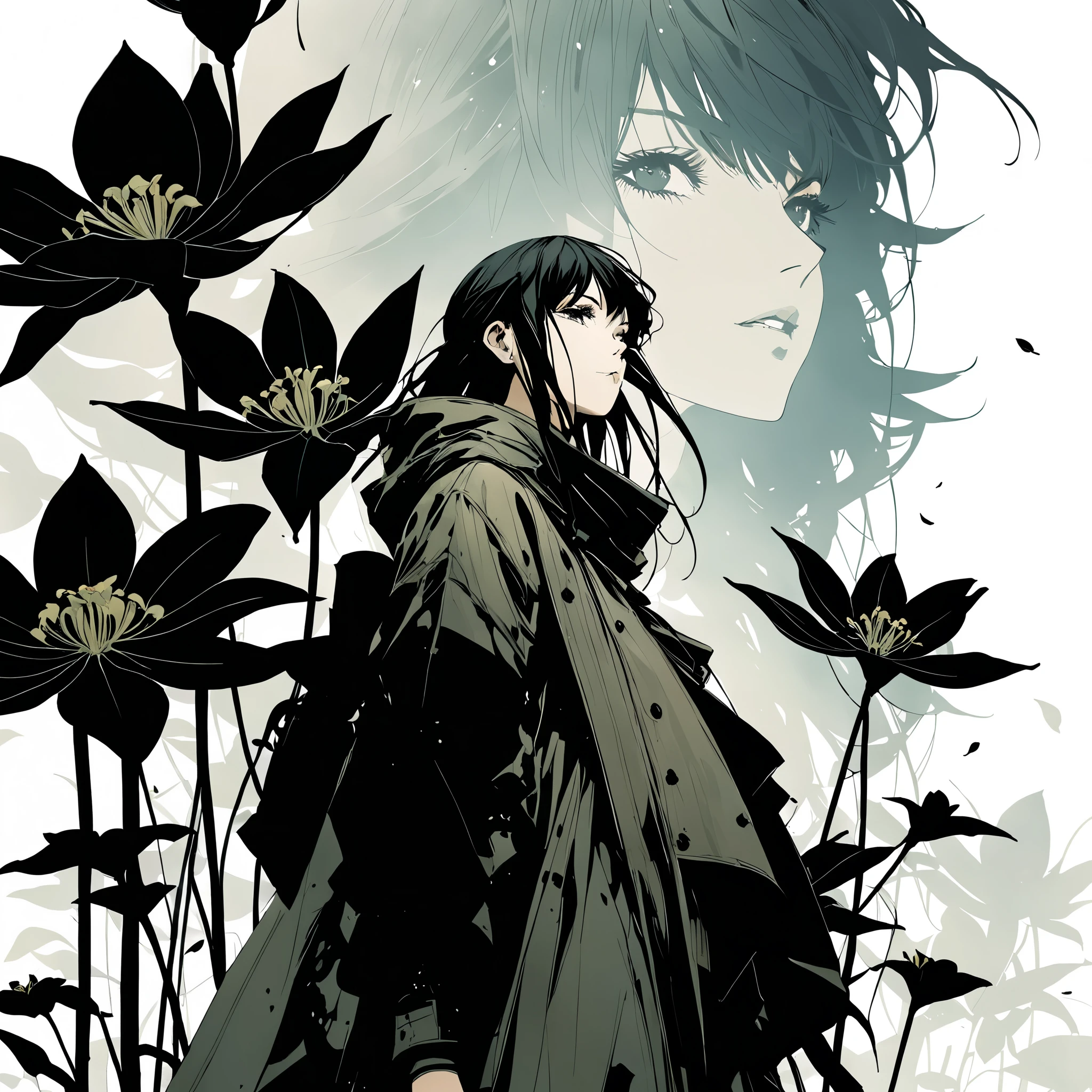 in style of Ashley Wood, Giant black lily,Central Composition,Close-up,graphic novels illustration