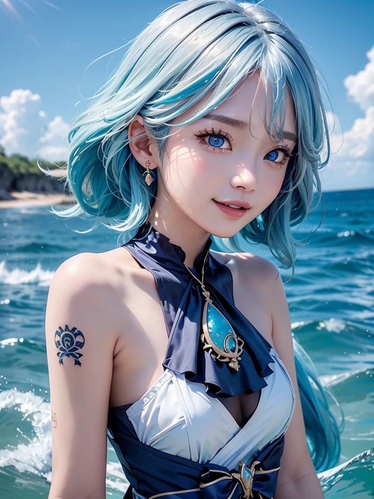 1girl、独奏、looking at the audience、Smile、medium long hair、open mouth、bangs、blue eyes、bare shoulders、jewelry、Upper body、blue hair、earrings、O cabelo multicolorido、collar、virtual_youtuber、vest、water、Off the shoulders、striped hair、tattoo、Floating hair、Headband、Beautiful detailed sky,Beautiful and delicate water,泼water,Sunlight,Ray tracing,masterpiece,facing the camera