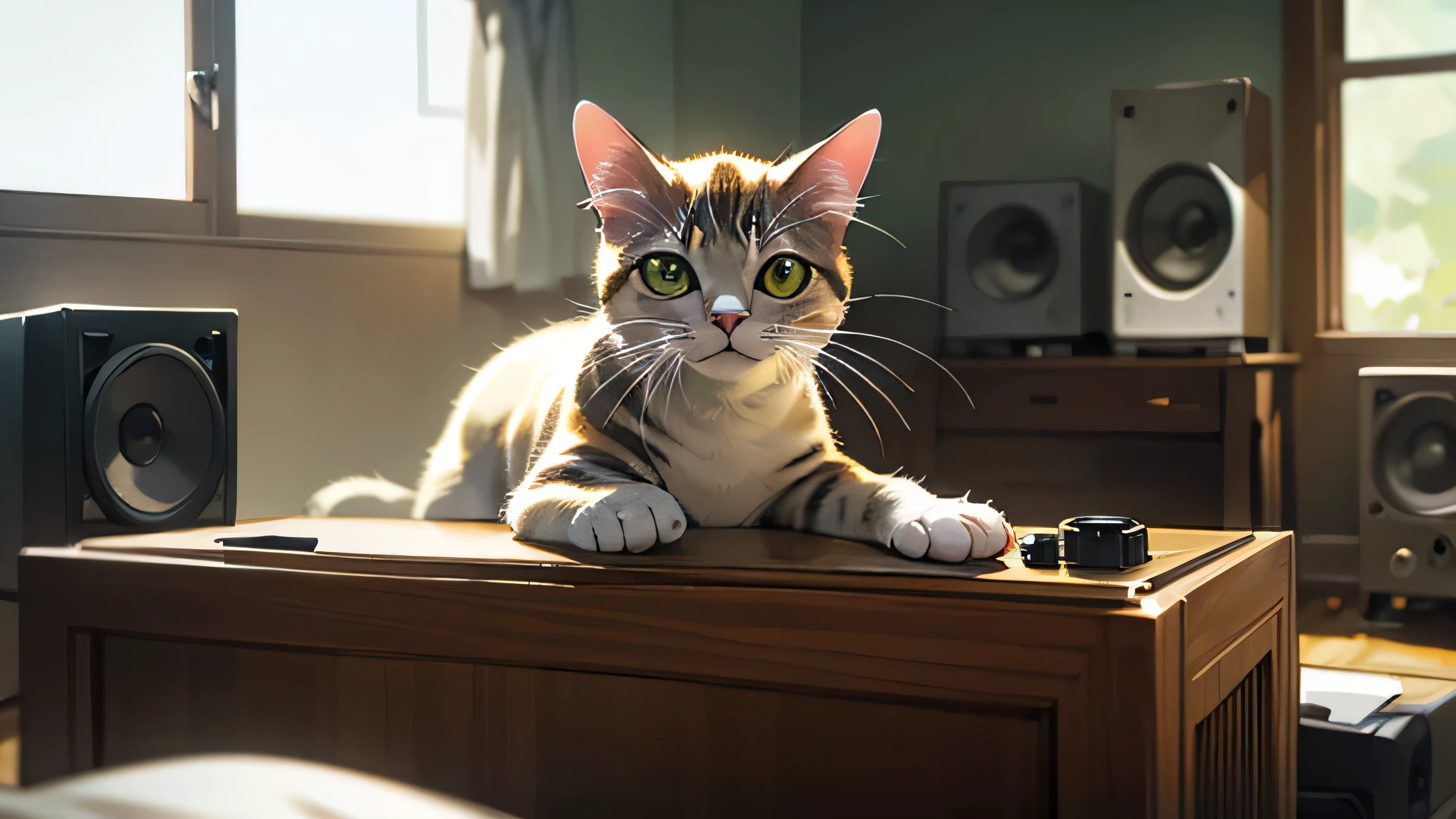 Room with speakers、、Realistic close-up of a cat、noon