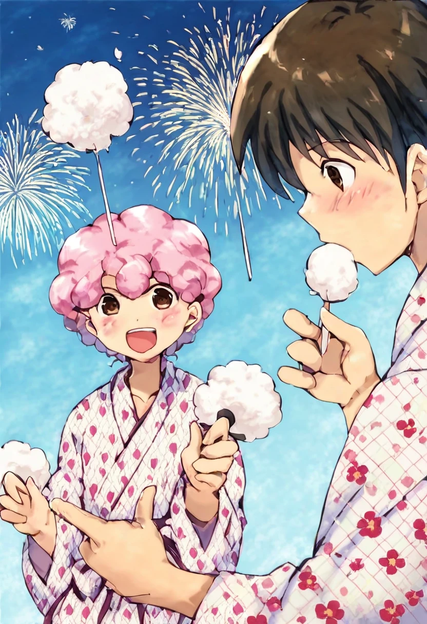 anime, 一peopleの男の子, Handa Shinichi, Brown Hair, Brown eyes, stop temporarily,cotton candy (background, ・色とりどりの花火が夏祭り会場のColor the night sky. ・Fireworks soar high into the sky、Color the night sky. ・The summer festival scene is depicted with a focus on boys.. ● Stalls and stalls are lined up, そしてpeople々seems to be enjoying. ), (people, A man wearing a yukata stands under fireworks. Late teens to early twenties, -A man has a huge piece of cotton candy in her hand. ), (Four fingers and thumb:1.3), (cotton candy, ・((The man is holding her face size over cotton candy:1.3), (massive size cotton candy:1.5)). ・cotton candyは真っ白でふわふわ, It smells sweet when you put it in your mouth. ), Open your mouth:1.25, (expression, ・The man is eating cotton candy with relish. The boy has a smile of satisfaction on his face.. ),