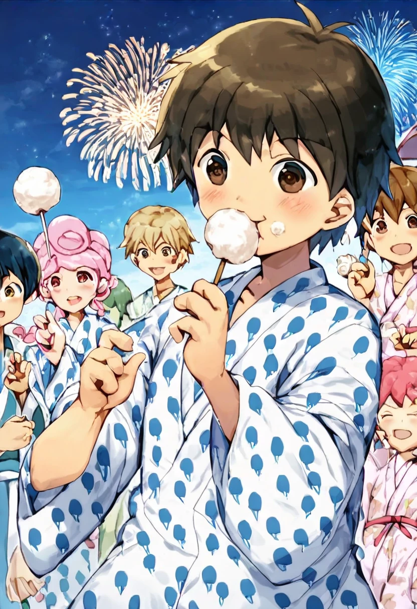 anime, 一peopleの***, Handa Shinichi, Brown Hair, Brown eyes, stop temporarily,cotton candy (background, ・色とりどりの花火が夏祭り会場のColor the night sky. ・Fireworks soar high into the sky、Color the night sky. ・The summer festival scene is depicted with a focus on boys.. ● Stalls and stalls are lined up, そしてpeople々seems to be enjoying. ), (people, A man wearing a yukata stands under fireworks. Late teens to early twenties, -A man has a huge piece of cotton candy in her hand. ), (Four fingers and thumb:1.3), (cotton candy, ・((The man is holding her face size over cotton candy:1.3), (massive size cotton candy:1.5)). ・cotton candyは真っ白でふわふわ, It smells sweet when you put it in your mouth. ), Open your mouth:1.25, (expression, ・The man is eating cotton candy with relish. The boy has a smile of satisfaction on his face.. ),