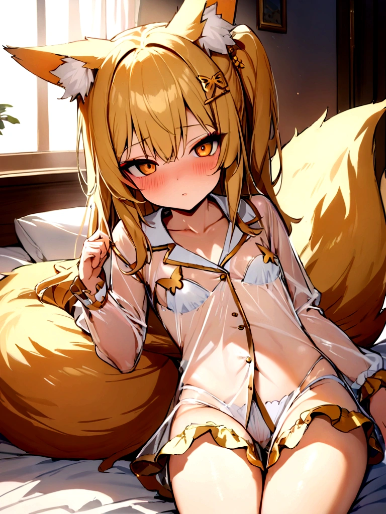 (masterpiece, best quality) junior,detailed, (beautiful,small breasts), blonde,long hair, side ponytail(tied to the left),Hairpin decoration with gold butterfly, elegant, (fox ears),nine tailed fox tail, red eyeshadow, golden eyes, femur，Pajamas,See-through pajamas,Bedroom Background,Lying in bed,girl,yandere