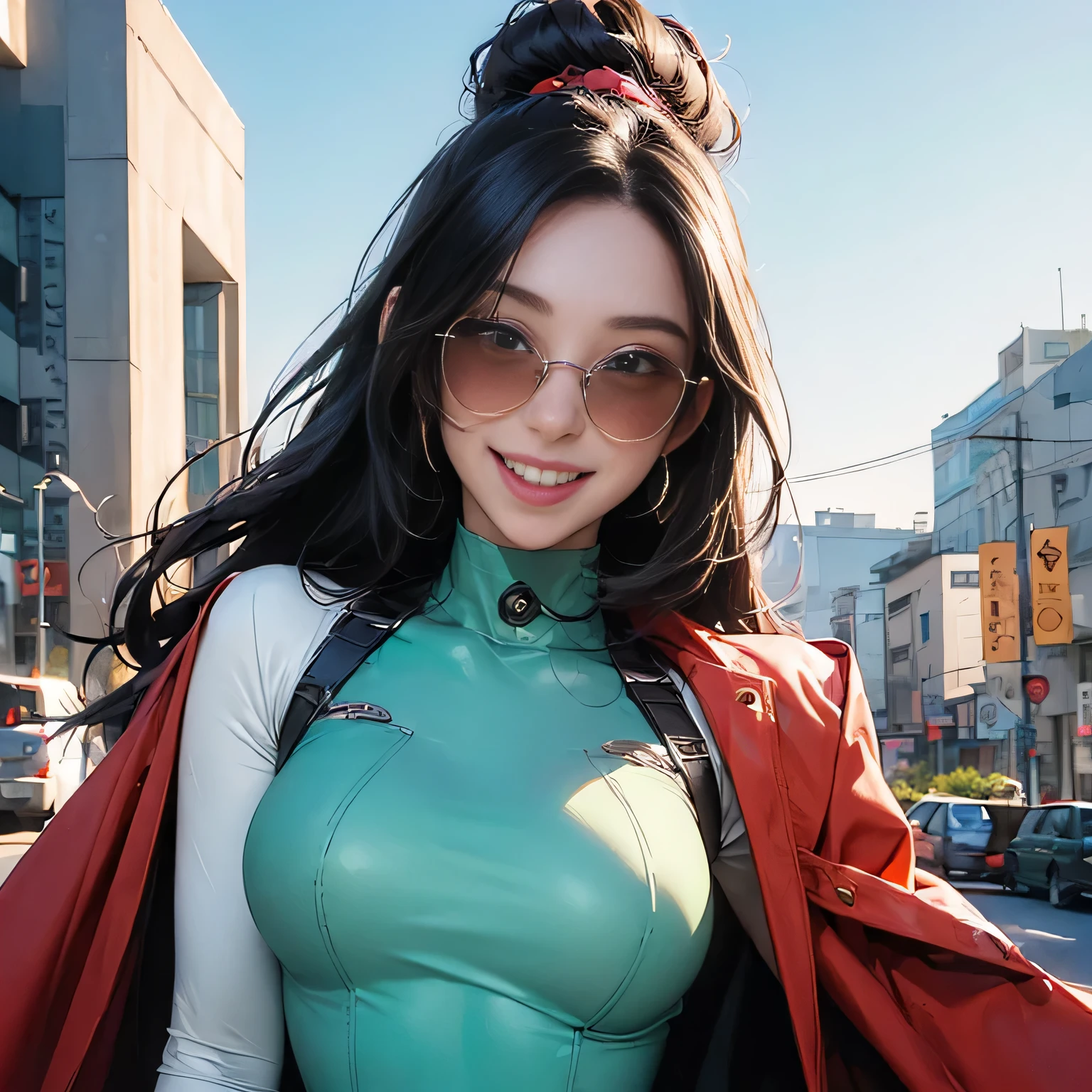 (masterpiece, best quality, 8k wallpaper, high resolution, ultra realistic), 1 woman, 1 girl with sunglasses, 18 years old, woman with long black hair, laughing, smiling, 8k, RAW portrait (Japanese woman), masterpiece, photorealistic: 1.3, realistic, ultra high resolution, highest quality, real life photo, (in the evening: 1.1), ((((1 girl: 1.5))))(cute face: 1.3), perfect proportions, 80s oversized sunglasses,, steampunk, col: white/green, face retouch, labrador, robot suit, chrome skin, savvy, anime cosplay, enhanced cyber, skin color –, slim bodysuit, red scarf, light colored background, two people posing. smiling, looking at you and laughing, grinning,